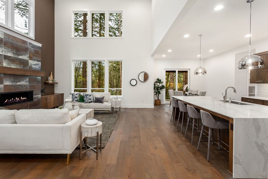 Open living room styled in layered neutrals