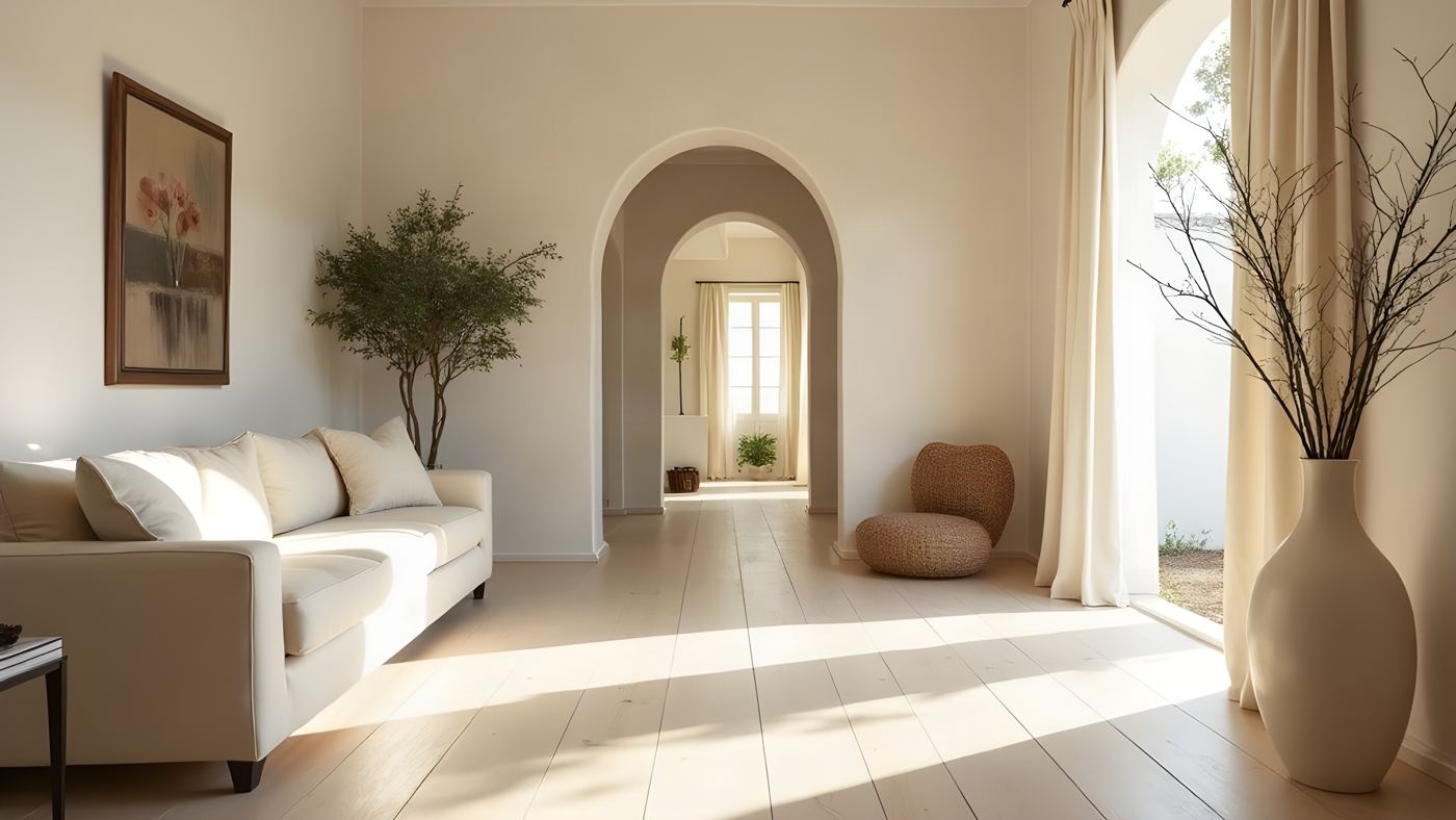 Sunlit living room with a pale oak floor, cream sofa and an arched doorway