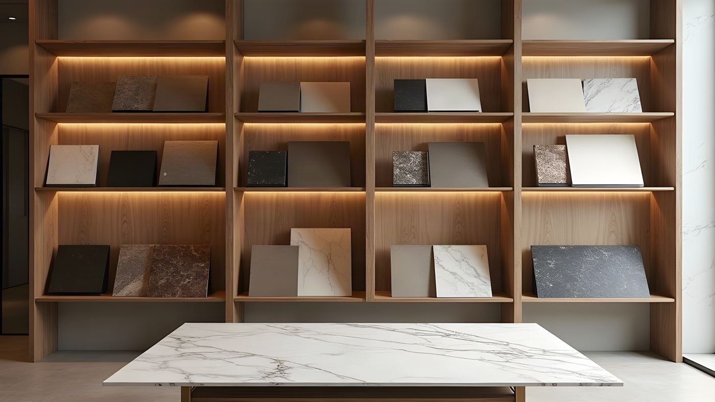 Curated flooring and stone samples displayed on warm oak shelving in a calm studio